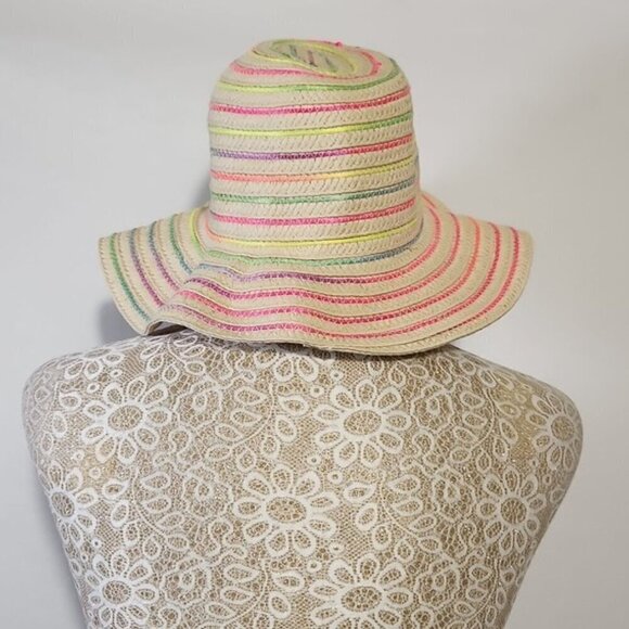 Summer Ladies Sun Beach Paper Straw Neon Stripe Hat Floppy Foldable Med Brim - Picture 5 of 12